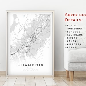 Chamonix-Mont-Blanc Karte - Frankreich - Stadtplan mit hohen Details - Druckbare Karte Poster - Digitaler Download Karte - minimalistisches Kunstwerk - Wandkunst