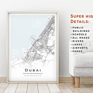 Dubai, Verenigde Arabische Emiraten - Stadsplattegrond met hoge details - Afdrukbare kaartposter - Digitale downloadkaart - minimalistische kunstwerken - kunst aan de muur