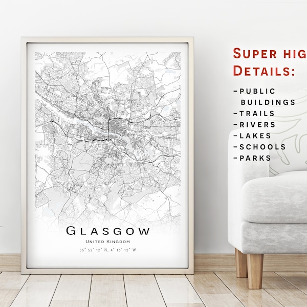 Glasgow map, United Kingdom - City Map with high details - instant download, Printable map poster - Digital download Glasgow map.