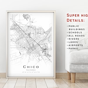 Chico map, California, United States (USA) - City Map with high details - instant download, Printable map poster- Digital download map.