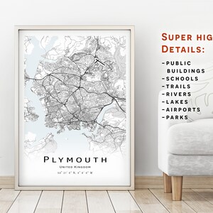 Plymouth map, Reino Unido - Mapa de la ciudad con detalles altos - descarga instantánea, póster de mapa imprimible - Descarga digital del mapa de Plymouth.
