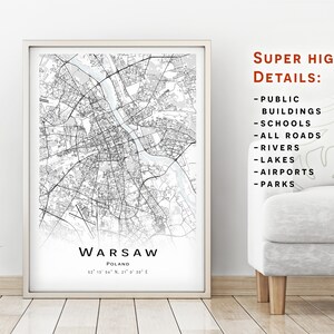 Warschau Karte - Polen - Stadtplan mit hohen Details - Druckbare Karte Poster - Digitaler Download Karte - minimalistisches Kunstwerk - Wandkunst
