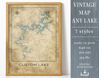 Custom Vintage style lake Map, Personalized Map, Custom Map Poster, Any Lake, Wall decor, Lake Map Digital Download, Digital Map Download