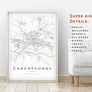 Carcassonne Karte - Frankreich - Stadt Karte mit hohen Details - Druckbare Karte Poster - Digitaler Download Karte - minimalistisches Kunstwerk - Stadt Karte Wand Kunst