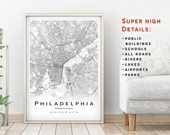 Philadelphia map, Pennsylvania - City Map with high details - instant download, Printable map poster - Digital download Philadelphia map.