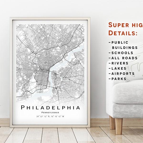 Philadelphia map, Pennsylvania - City Map with high details - instant download, Printable map poster - Digital download Philadelphia map.