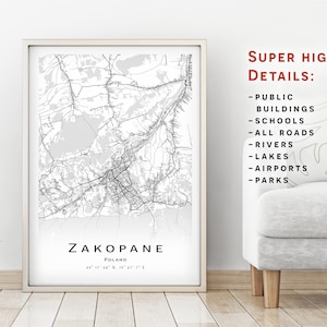 Zakopane map, Polonia - Mapa de la ciudad con detalles altos - descarga instantánea, póster de mapa imprimible - Zakopane Mapa de descarga digital.