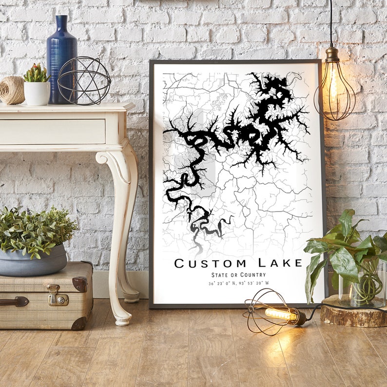 Custom Lake, Black and White Lake, Custom Map Poster, Any Lake, Wall