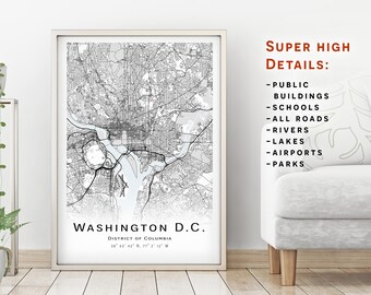 Carte de Washington DC - États-Unis - Carte de la ville avec des détails élevés - Affiche de carte imprimable - Carte de téléchargement numérique - Œuvre d’art minimaliste - Art mural