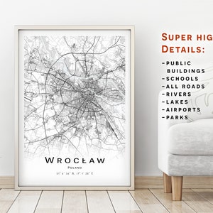 Wroclaw map, Polonia - Mapa de la ciudad con detalles altos - descarga instantánea, póster de mapa imprimible - Descarga digital Wrocław map.