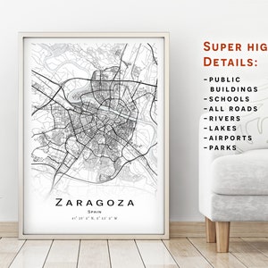 Zaragoza Karte - Spanien - Stadt Karte mit hohen Details - Druckbare Karte Poster - Digitaler Download Karte - minimalistisches Kunstwerk - Karte Wandkunst