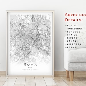 Mapa de Roma, Itália - Mapa da cidade com muitos detalhes - download instantâneo, pôster do mapa para impressão - Download digital do mapa de Roma.