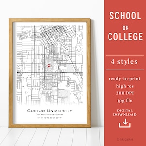 Carte personnalisée, cadeau de remise des diplômes - Plan de votre école ou université, carte personnalisée, n'importe quelle ville, décoration murale, plan de la ville, téléchargement numérique, carte numérique