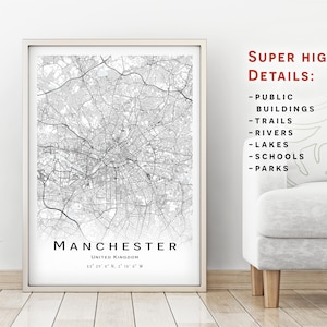 Mapa de Manchester, Reino Unido - Mapa da cidade com muitos detalhes - download instantâneo, pôster do mapa para impressão - Download digital do mapa de Manchester.