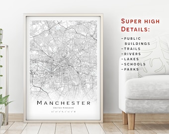 Manchester map, United Kingdom - City Map with high details - instant download, Printable map poster - Digital download Manchester map.