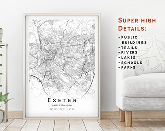 Exeter map, United Kingdom - City Map with high details - instant download, Printable map poster - Digital download Exeter map.