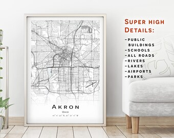 Carte d’Akron - Ohio OH - Carte de la ville avec des détails élevés - Affiche de carte imprimable - Carte numérique à télécharger - Œuvre d’art minimaliste - Carte art mural