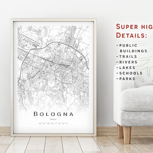 Mapa de Bolonha, Itália - Mapa da cidade com muitos detalhes - download instantâneo, pôster do mapa para impressão - Download digital do mapa de Bolonha.