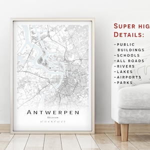 Antwerpen map, Bélgica - Mapa de la ciudad con detalles altos - descarga instantánea, póster de mapa imprimible - Descarga digital del mapa de Amberes.