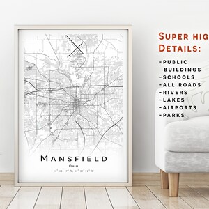 Mansfield-kaart - Ohio OH - stadsplattegrond met hoge details - afdrukbare kaartposter - digitale downloadkaart - minimalistische kunstwerken - kaart kunst aan de muur