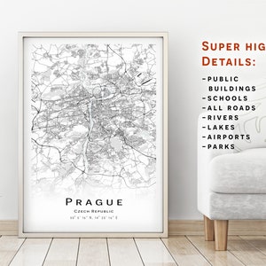 Praga mapa, República Checa - Mapa de la ciudad con detalles altos - descarga instantánea, póster de mapa imprimible - Praga Mapa de descarga digital.