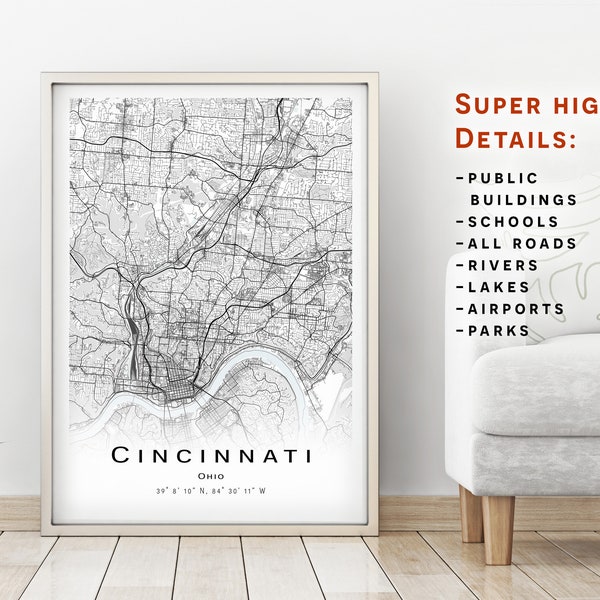 Cincinnati map - Ohio OH - City Map with high details - Printable map poster - Digital download map - minimalist artwork - map wall art