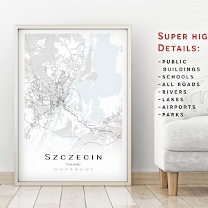 Szczecin map - Poland - City Map with high details - Printable map poster - Digital download map - minimalist artwork - wall art