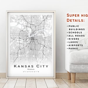 Kansas City map, Missouri, MO - Mapa de la ciudad con detalles altos - descarga instantánea, póster de mapa imprimible - Descarga digital del mapa de Kansas City.