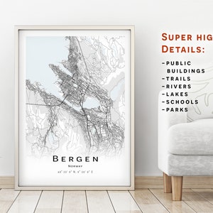 Bergrn map, Norway - City Map with high details - instant download, Printable map poster - Digital download Bergen map.