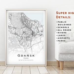 Carte de Gdansk, Pologne - Carte de la ville avec des détails élevés - téléchargement instantané, Affiche de carte imprimable - Téléchargement numérique Carte de Gdańsk.