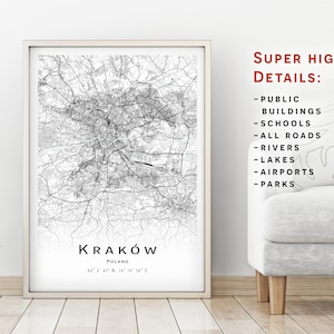 Krakow map, Polonia - Mapa de la ciudad con detalles altos - descarga instantánea, póster de mapa imprimible - Mapa de Cracovia con descarga digital.