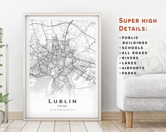 Lublin map, Poland - City Map with high details - instant download, Printable map poster - Digital download Lublin map.