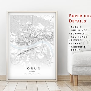 Torun map, Polonia - Mapa de la ciudad con detalles altos - descarga instantánea, póster de mapa imprimible - Descarga digital Toruń mapa.