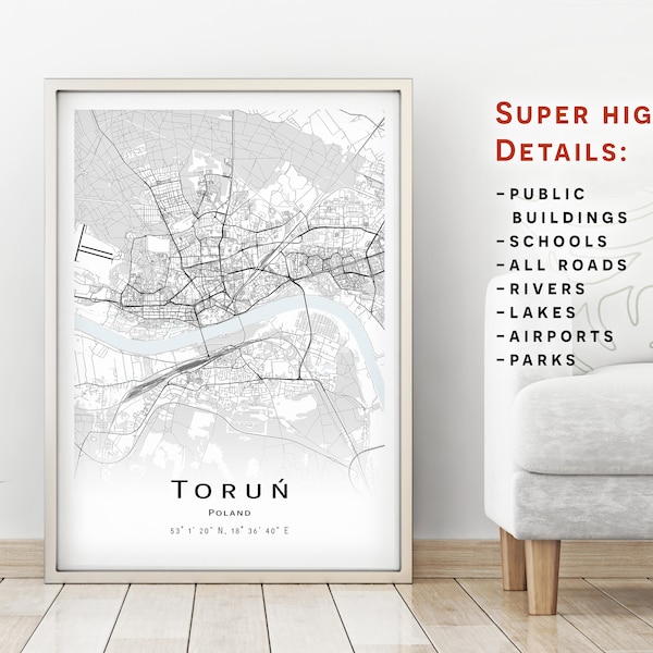 Torun map, Poland - City Map with high details - instant download, Printable map poster - Digital download Toruń map.