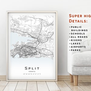 Split map, Croacia - Mapa de la ciudad con detalles altos - descarga instantánea, póster de mapa imprimible - Descarga digital Mapa de Split.