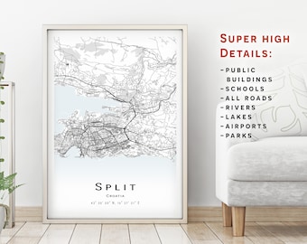 Split map, Croatia - City Map with high details - instant download, Printable map poster - Digital download Split map.