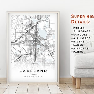 Lakeland map, Florida, United States (USA) - City Map with high details - instant download, Printable map poster - Digital download map.