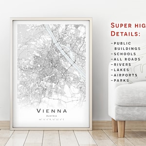 Mappa di Vienna, Austria - Mappa con dettagli elevati - download immediato, Locandina della mappa stampabile - Vienna Mappa di download digitale.