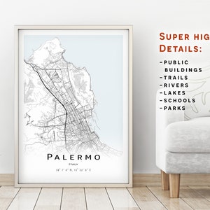 Mappa di Palermo, Italia - Mappa con dettagli elevati - download immediato, Locandina della mappa stampabile - Download digitale Mappa di Palermo.