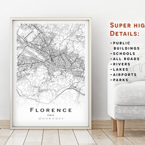 Kaart van Florence - Italië-stadskaart met hoge details - Afdrukbare kaartposter - Digitale downloadkaart - minimalistische kunstwerken - kaartmuurkunst