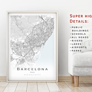 Mappa di Barcellona, Spagna - Mappa con dettagli elevati - download immediato, poster stampabile della mappa - Download digitale Mappa di Barcellona.