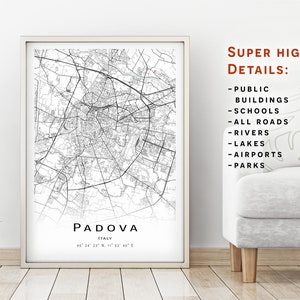 Padova Karte - Italien - Stadt Karte mit hohen Details - Druckbare Karte Poster - Digitaler Download Karte - minimalistisches Kunstwerk - Karte Wandkunst