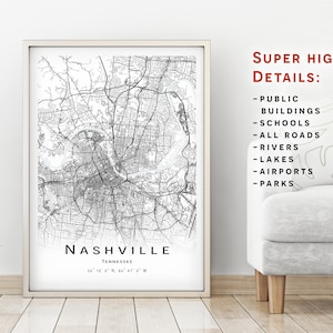 Nashville map, Tennessee, TN - Mapa de la ciudad con detalles altos - descarga instantánea, póster de mapa imprimible - Descarga digital del mapa de Nashville.