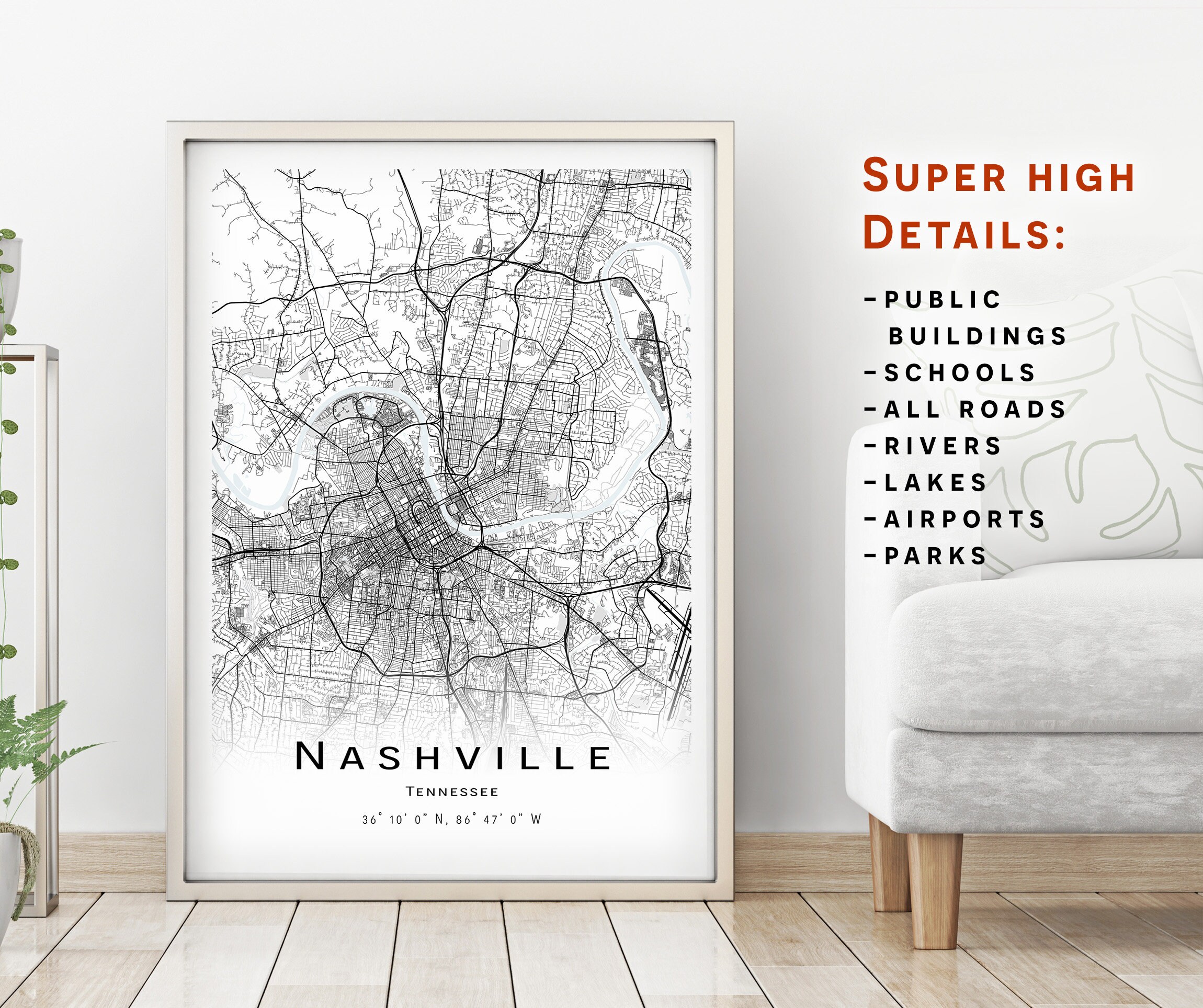 Nashville Map, Tennessee, TN City Map With High Details Instant ...