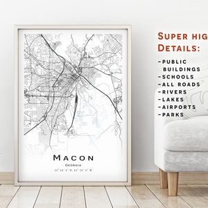 Carte de Mâcon - Géorgie GA - plan de la ville avec beaucoup de détails - affiche de carte imprimable - carte à téléchargement numérique - oeuvre d'art minimaliste - art mural carte