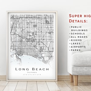 ロングビーチの地図、カリフォルニア州、アメリカ合衆国 (USA) - 詳細な市街地図 - 即時ダウンロード、印刷可能な地図ポスター - デジタルダウンロード地図。