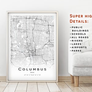Columbus map, Ohio, OH - Mapa de la ciudad con detalles altos - descarga instantánea, póster de mapa imprimible - Descarga digital del mapa de Columbus.