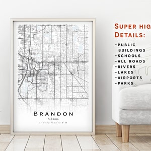 Brandon kaart, Florida, Verenigde Staten (USA) - Stadsplattegrond met hoge details - instant download, Afdrukbare kaart poster - Digitale download kaart.