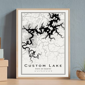 Lac personnalisé, lac noir et blanc, affiche de carte personnalisée, n'importe quel lac, décoration murale, carte imprimable du lac, téléchargement numérique, fichiers numériques de carte, art mural