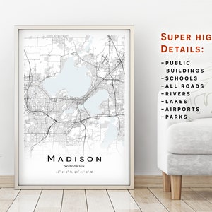Carte de Madison, Wisconsin, WI - Carte de la ville avec des détails élevés - téléchargement instantané, Affiche de carte imprimable - Téléchargement numérique Carte de Madison.